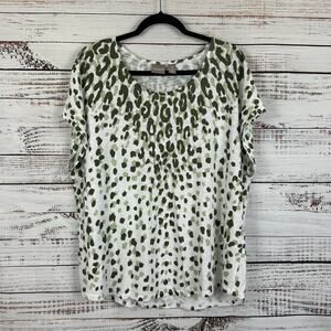Women's Chicos White & Green Animal Print Cotton Modal Knit Short Sleeve Top XL